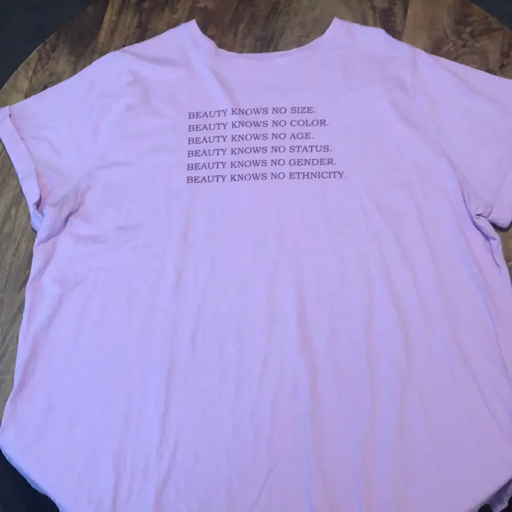 Beauty Knows No size, color, age, status, gender, ethnicity 2X pink t-shirt NWOT